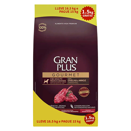 Gran Plus Gourmet Perro Adulto Razas Medianas y Grandes Cordero y Arroz de 16.5Kg
