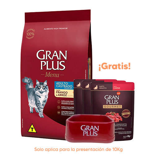 Pipeta Antipulgas para Gato Bravecto Plus Spot On 2.8 a 6.25Kg 250mg Gran Plus Menú Gato Adulto Castrado Pollo y Arroz 10kg