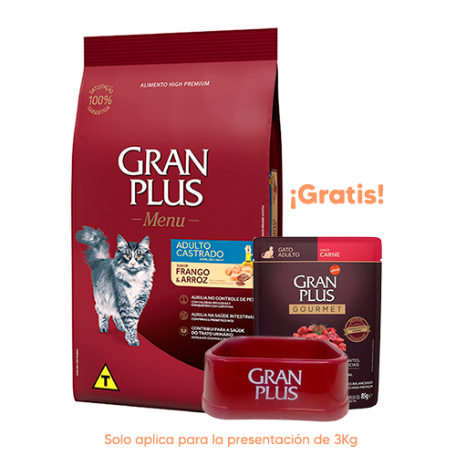 Pipeta Antipulgas para Gato Bravecto Plus Spot On 2.8 a 6.25Kg 250mg Gran Plus Menú Gato Adulto Castrado Pollo y Arroz 3kg