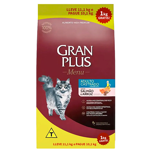 Gran Plus Menú Gato Adulto Castrado Salmón y Arroz de 10.1Kg +1Kg GRATIS