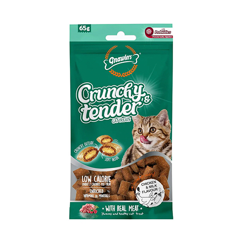 Gnawlers Snack Crunchy & Tender Cat Treats Pollo y Leche 65Gr