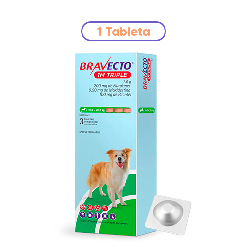 Bravecto 1M Triple Fluralaner, Moxidectina y Pirantel 10 a 20Kg 200mg