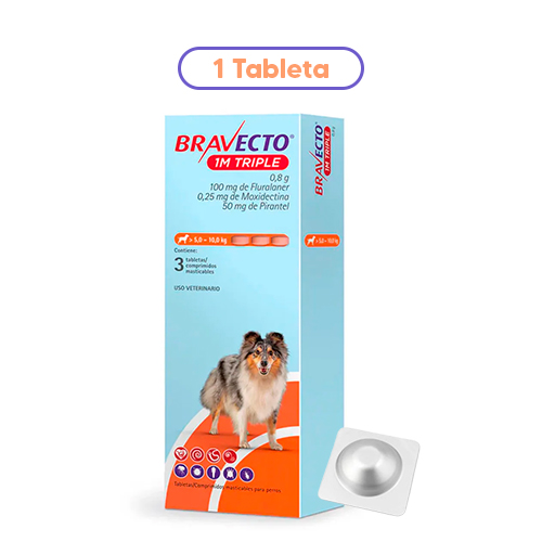 Bravecto 1M Triple Fluralaner, Moxidectina y Pirantel 5 a 10Kg 100mg