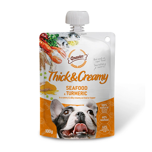 Gran Plus Menú Perro Cachorro Raza Mediana y Grande Carne y Arroz 3Kg Gnawlers Snack para Perro Thick & Creamy Mariscos, Pescado y Cúrcuma 100Gr