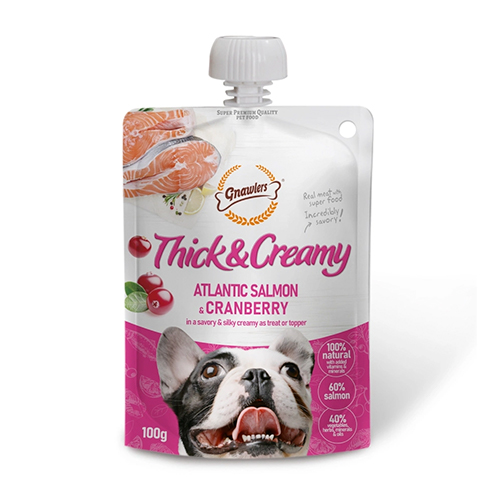 Gran Plus Menú Perro Cachorro Raza Mediana y Grande Carne y Arroz 3Kg Gnawlers Snack para Perro Thick & Creamy, Salmón y Arándanos 100Gr