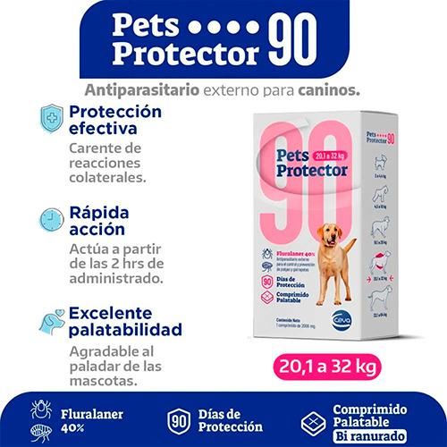 Pets Protector 90 Antipulgas Perro Fluralaner 20.1 a 32Kg 800mg 1 Tableta