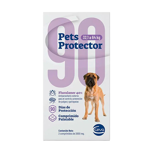 Pets Protector 90 Antipulgas Perro Fluralaner 32.1 a 64Kg 800mg 2 Tabletas