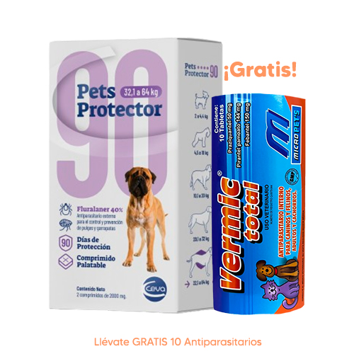 Pets Protector 90 Antipulgas Perro Fluralaner 32.1 a 64Kg 800mg 2 Tabletas